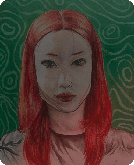 a girl with red hair and a green background