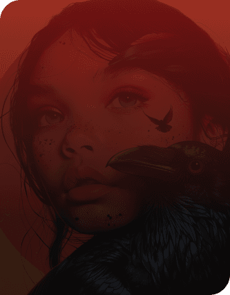 a girl with a crow on her head